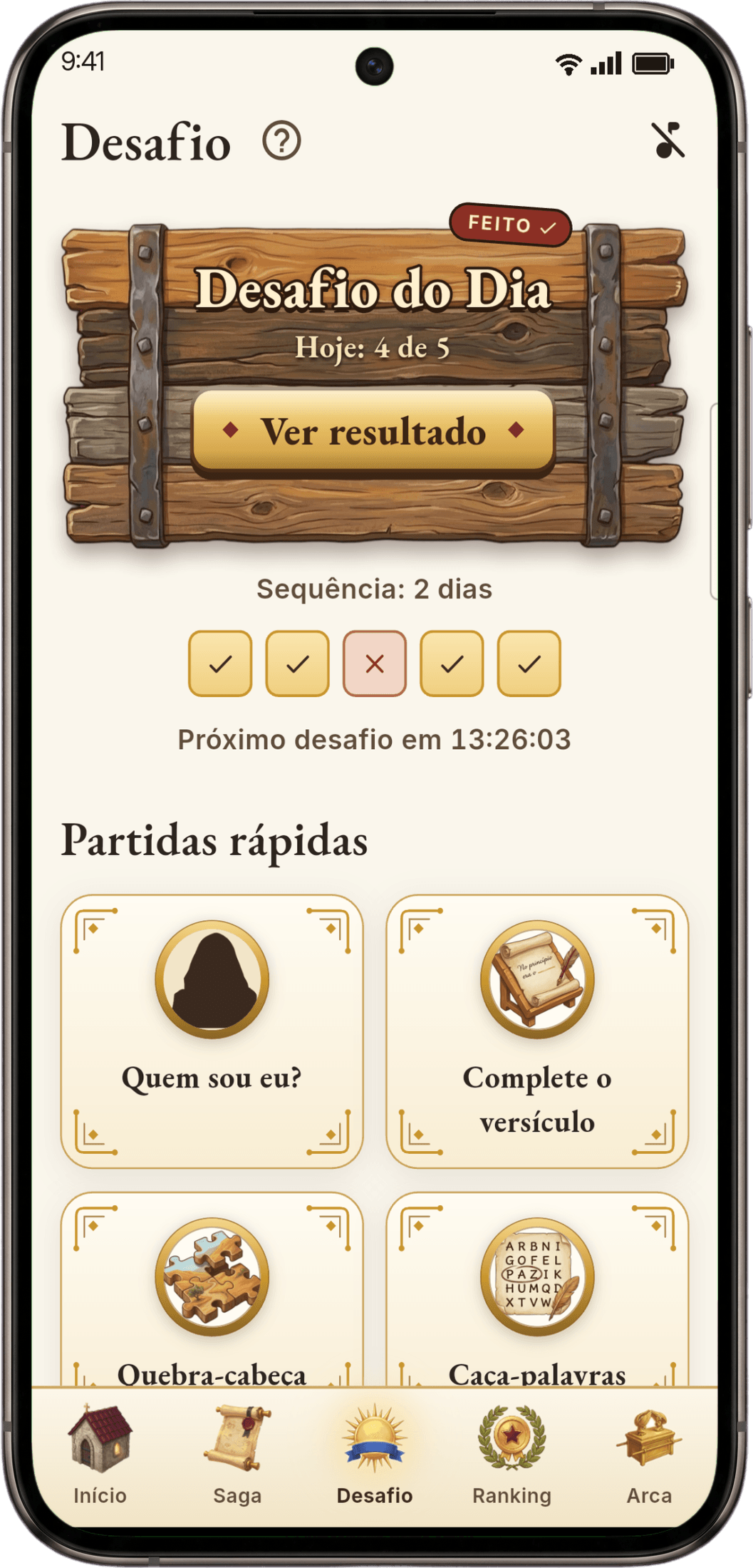 Tela de desafios do app Arca Sagrada, com o Desafio do Dia e as partidas rápidas de jogos