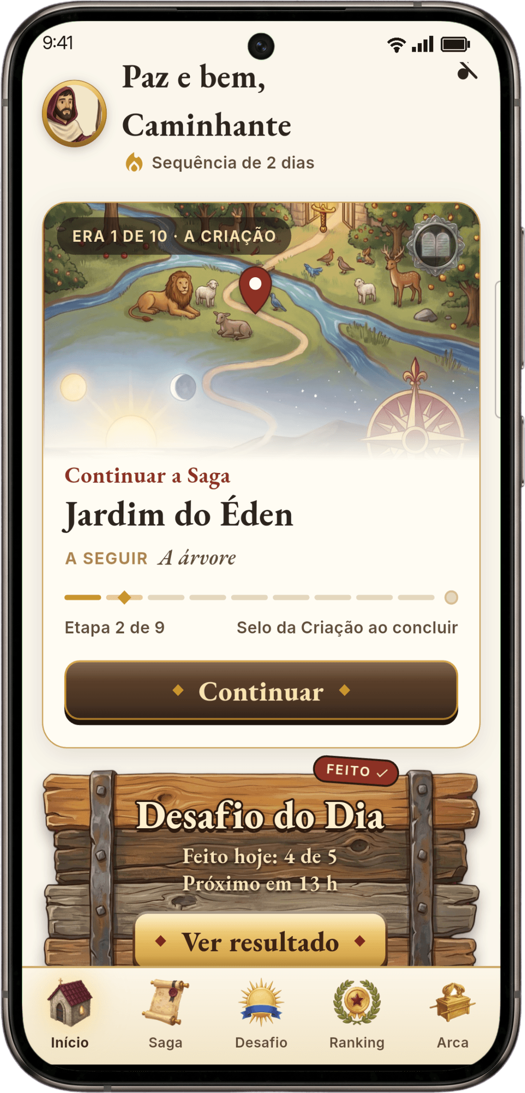 Tela inicial do app Arca Sagrada com a Saga no Jardim do Éden e o Desafio do Dia