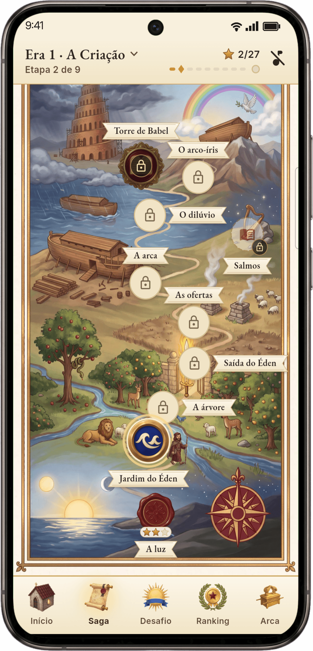 Mapa da era da Criação no app Arca Sagrada, do Jardim do Éden até a Torre de Babel