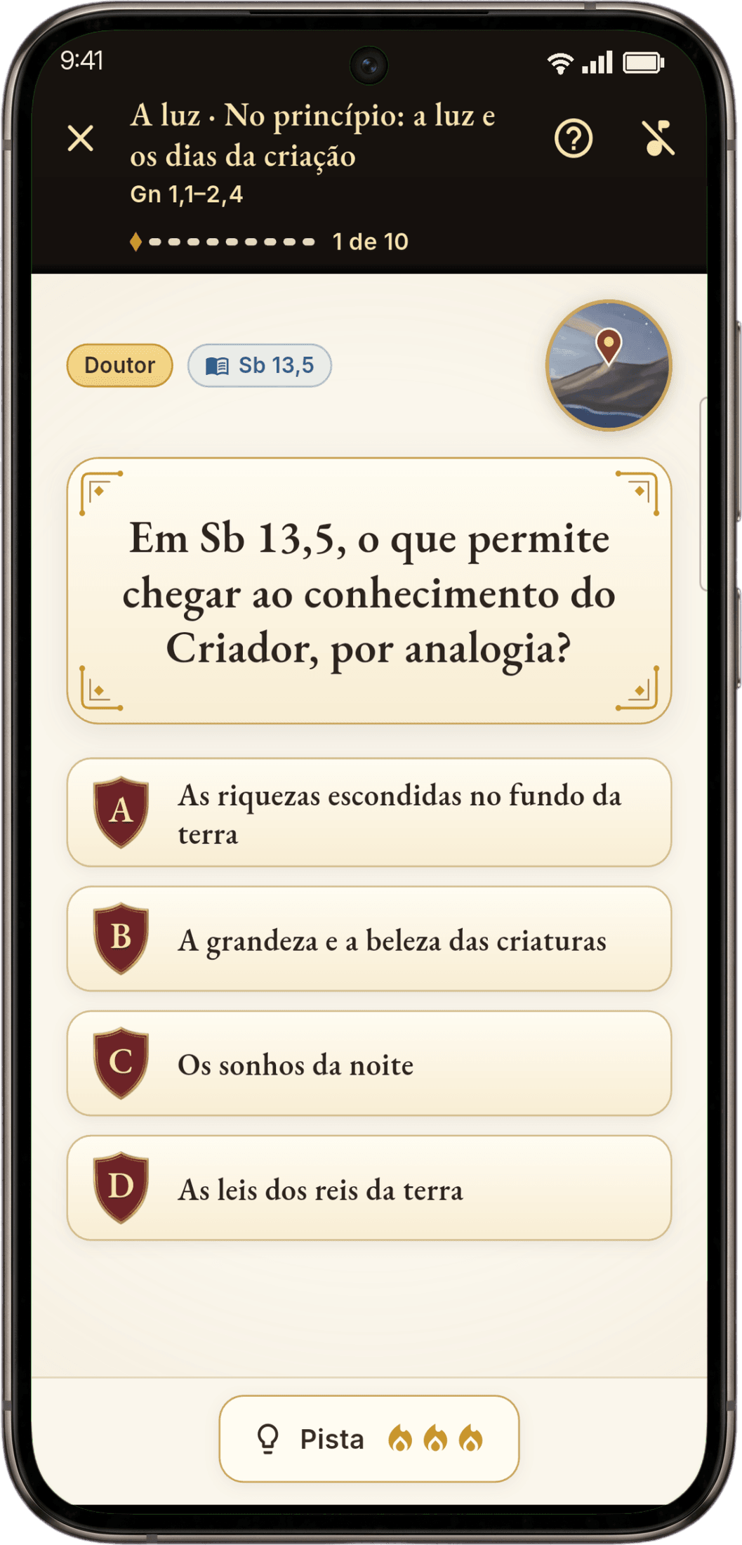 Pergunta do app Arca Sagrada sobre Gênesis 1,4, com quatro alternativas