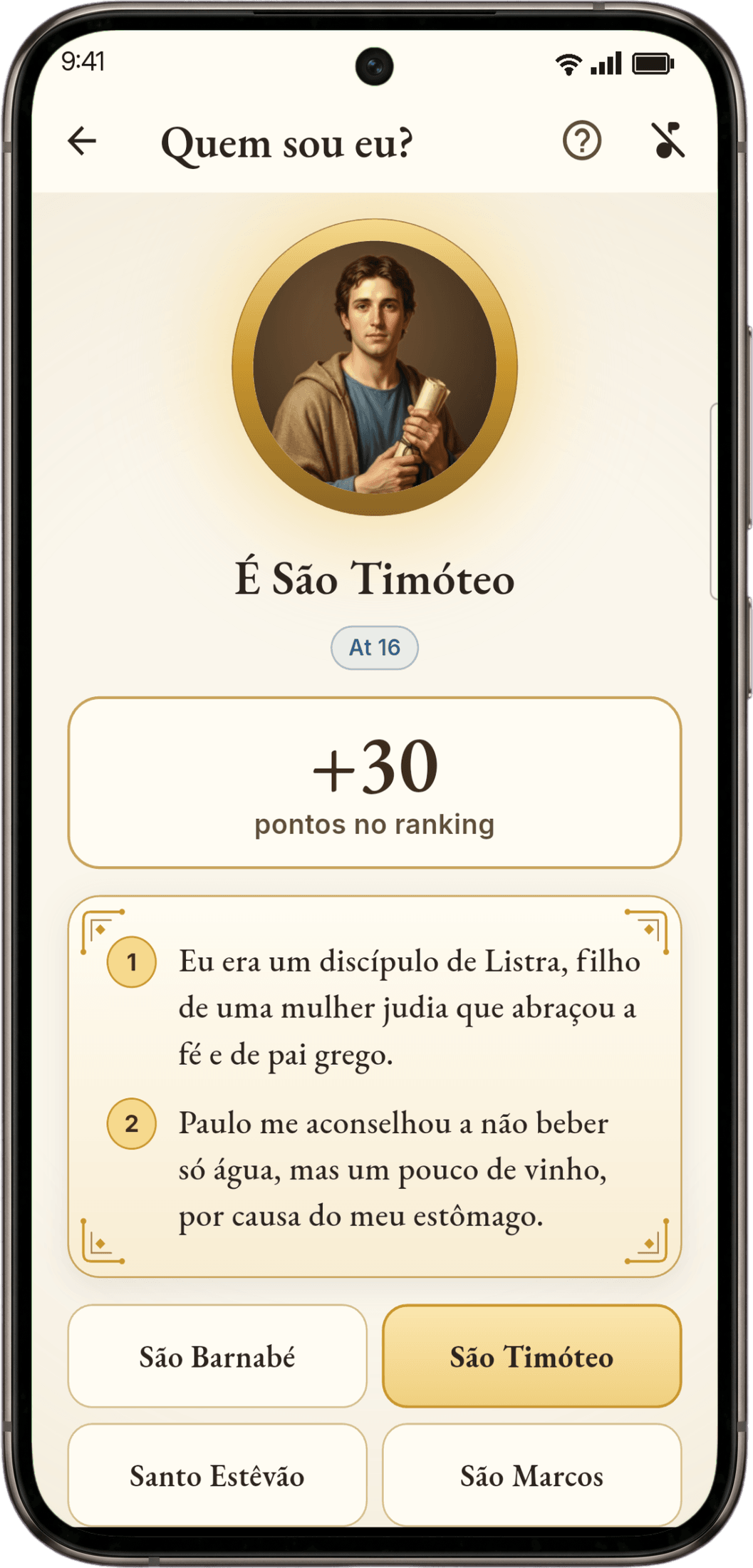 Jogo Quem sou eu? no app Arca Sagrada, com a resposta São Timóteo e os pontos ganhos