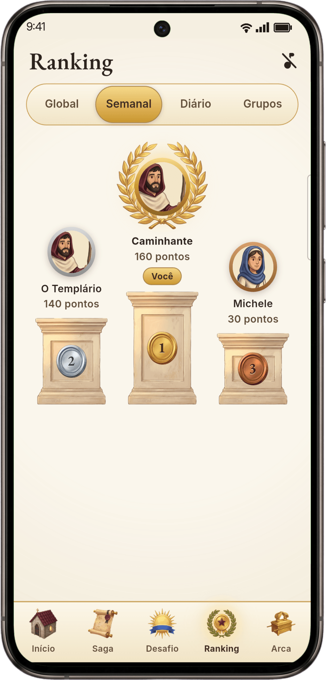 Ranking semanal do app Arca Sagrada, com o pódio dos jogadores