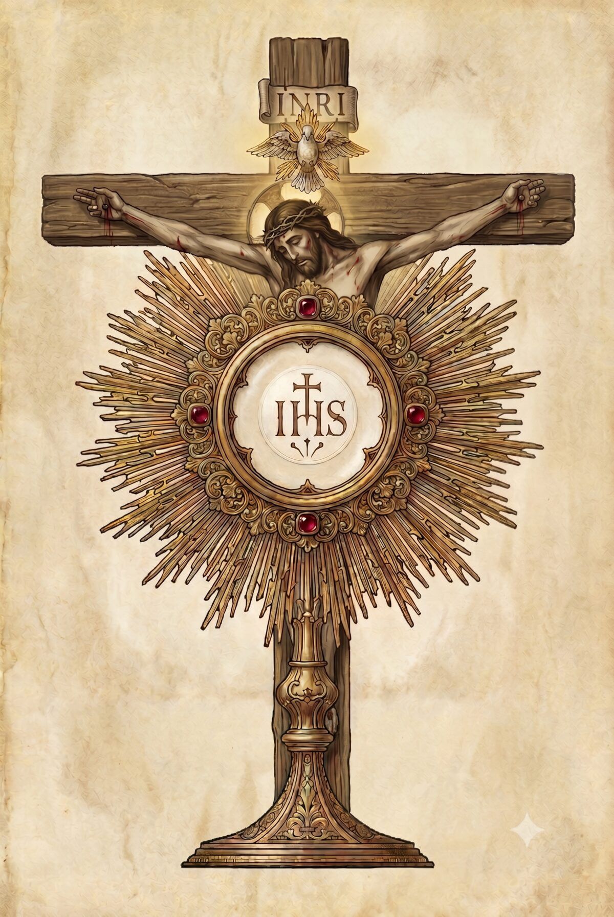 Cristo crucificado sobre o ostensório com o monograma IHS, arte sacra devocional