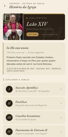 Tela da História da Igreja, com o Sumo Pontífice, a sucessão apostólica e as encíclicas