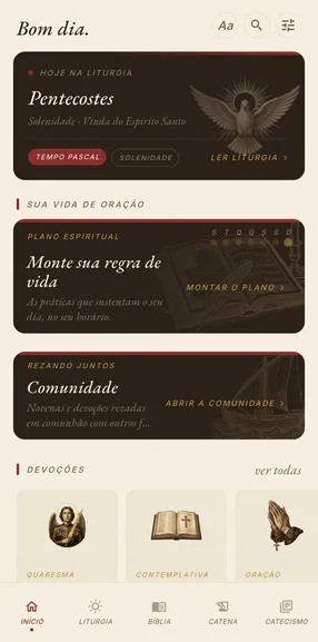 Tela Início do aplicativo, com a celebração do dia em destaque, o Plano Espiritual, a Comunidade e os atalhos de devoções