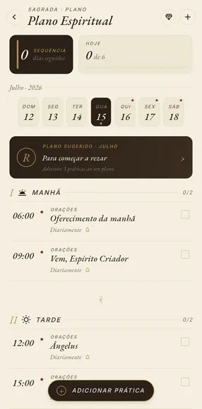 Tela do Plano Espiritual, com a sequência de dias e as práticas de oração da manhã e da tarde