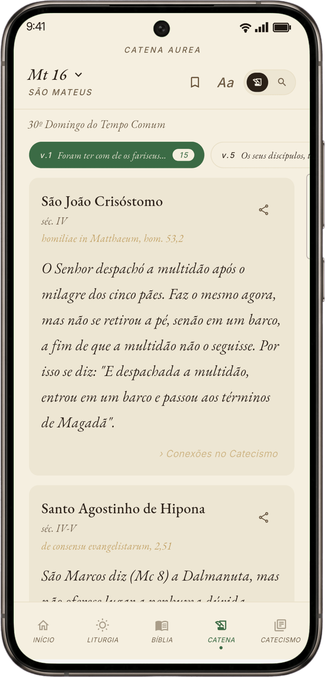 Tela da Catena Aurea no app Sagrada Tradição, com o Evangelho de São Mateus comentado pelos Padres da Igreja