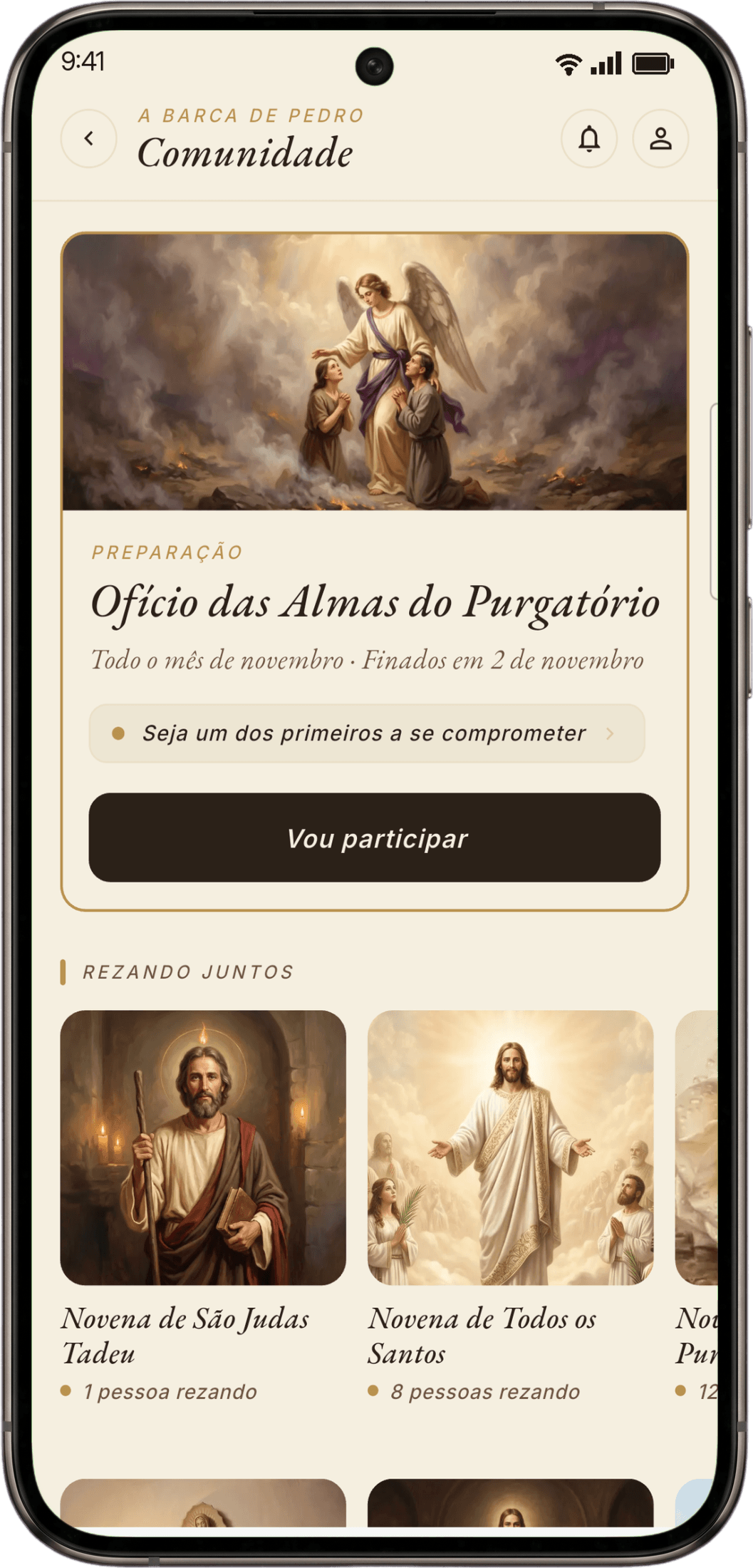 Tela da Comunidade no app Sagrada Tradição, com o Ofício das Almas do Purgatório e as novenas rezadas juntos