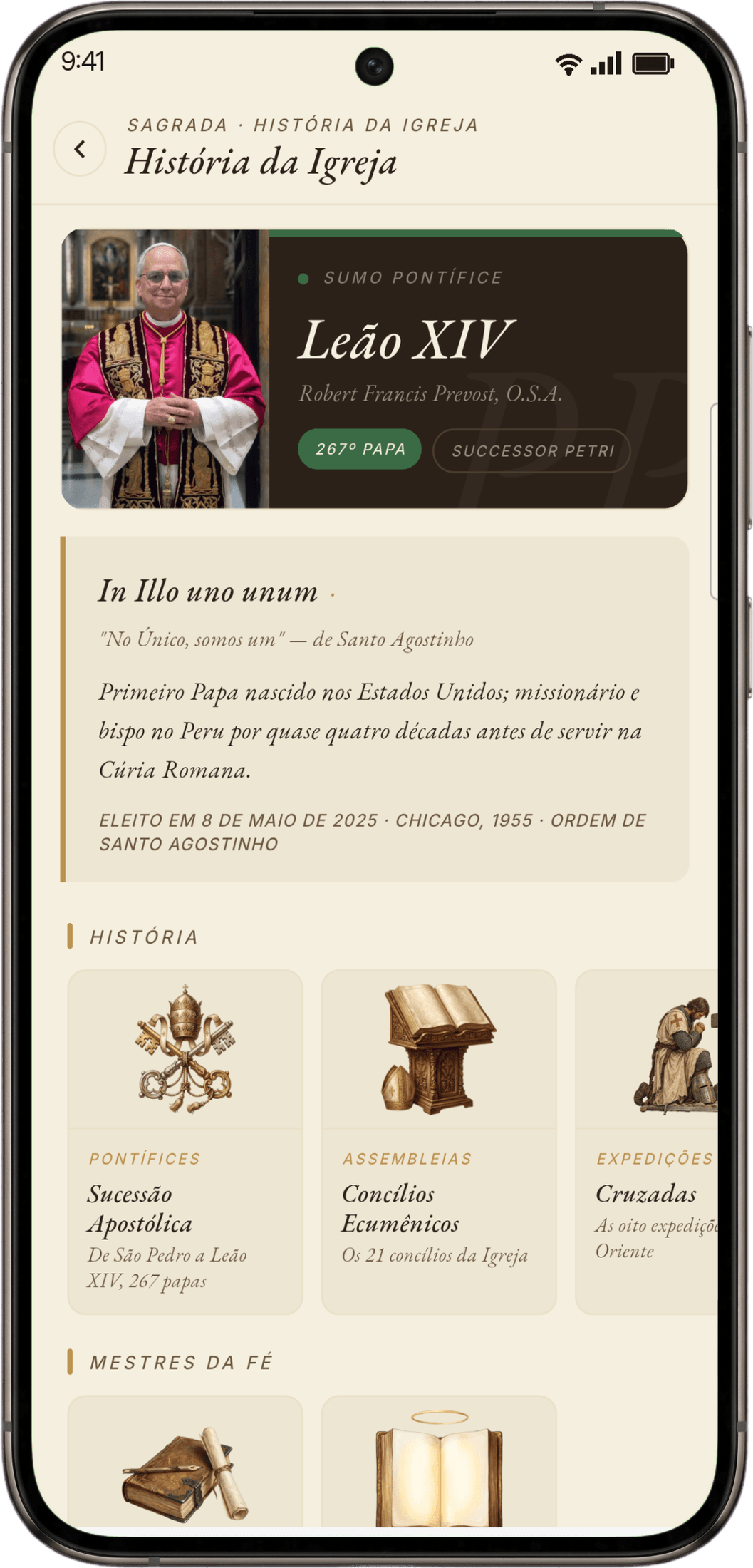 Tela da História da Igreja no app Sagrada Tradição, com o Papa Leão XIV, a sucessão apostólica e os concílios