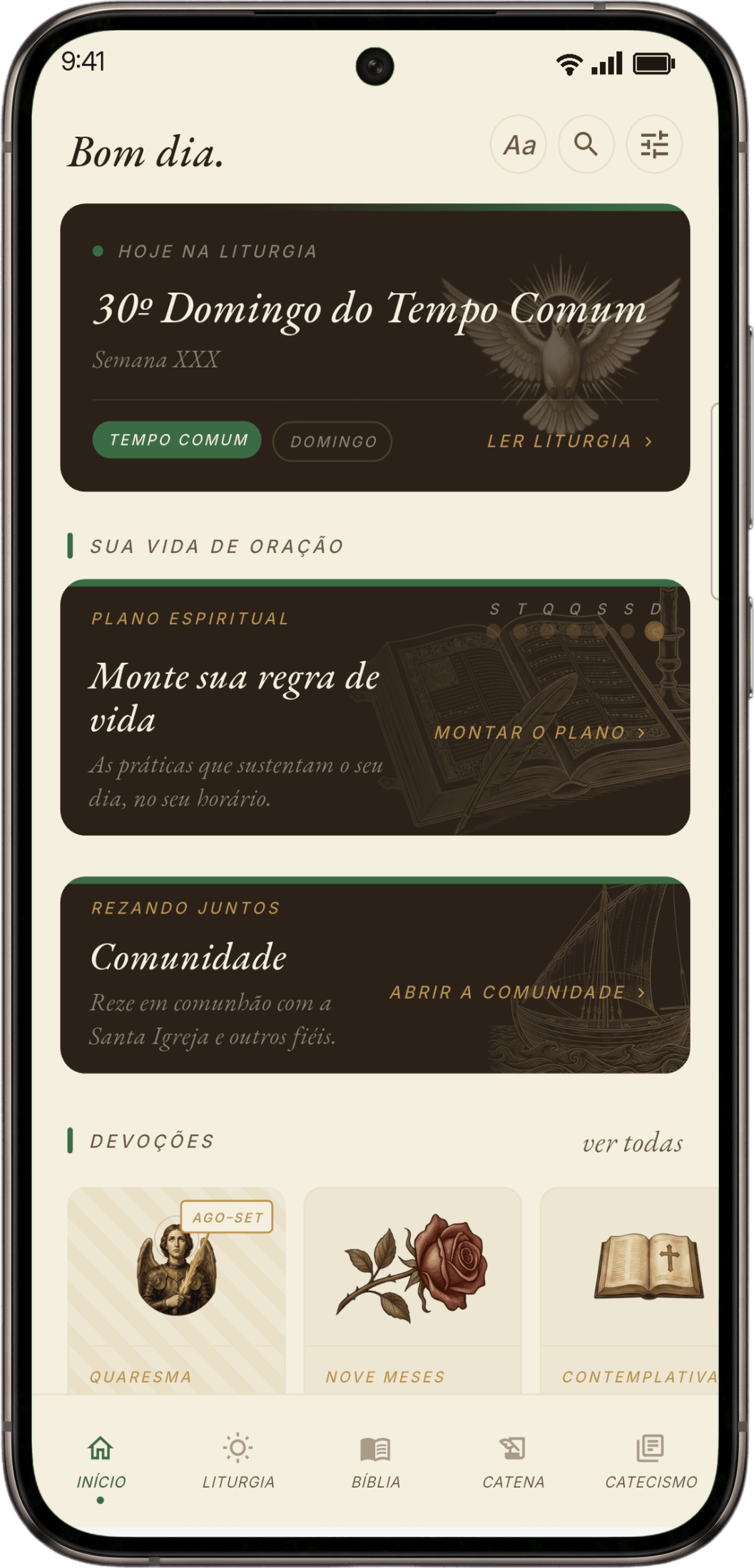 Tela inicial do app Sagrada Tradição com a liturgia do 30º Domingo do Tempo Comum, o plano espiritual e a comunidade