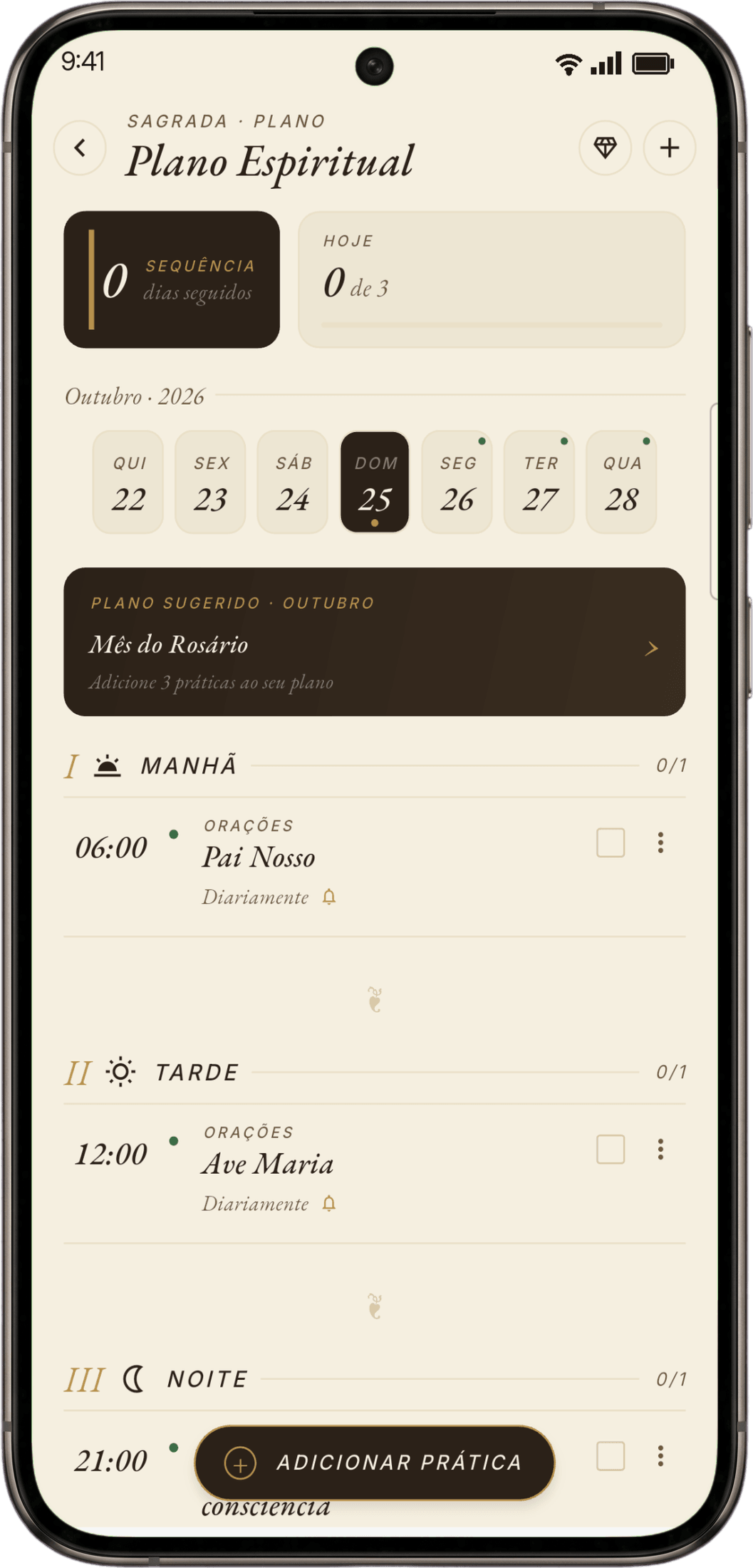 Tela do Plano Espiritual no app Sagrada Tradição, com as orações da manhã e da tarde do dia